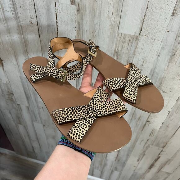 J CREW Cheetah Print CALF FUR Cross Strap FLAT Summer Leather SANDALS 8 - Picture 1 of 5